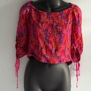 Free People Pink and Red Smocked Blouse size XL, BNWT